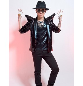 Black silver sequins shrug shoulder men's male mans performance  jazz hip hop singer drummer punk rock nigh club dar dance wear blazers short coats jackets